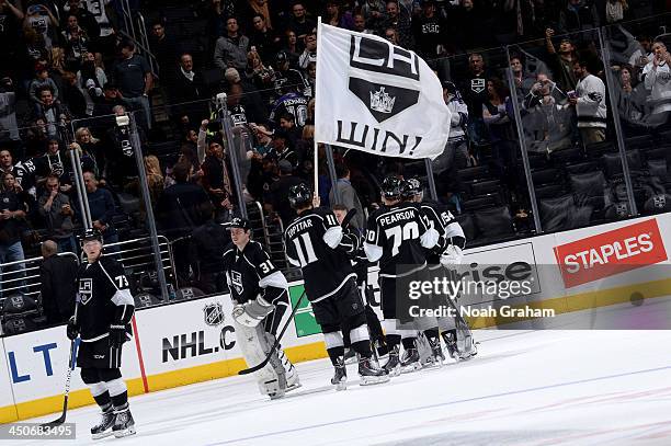 The Los Angeles Kings celebrate after defeating the Tampa Bay Lightning at Staples Center on November 19, 2013 in Los Angeles, California.