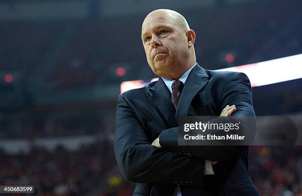 Head coach Herb Sendek of the Arizona State Sun Devils looks on during a game against the UNLV Rebels at the Thomas & Mack Center on November 19,...