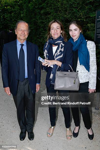 Jean-Claude Meyer, Nathalie Bloch-Laine and her daughter Marie Sarde attend the private tour and dinner of the Lee Ufan's Exhibition at Chateau de...