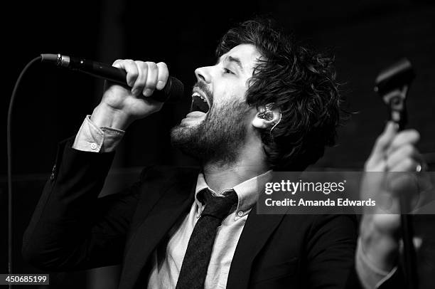 Musician Michael Angelakos of the band Passion Pit performs onstage at the MINI Cooper red carpet premiere on November 19, 2013 in Los Angeles,...