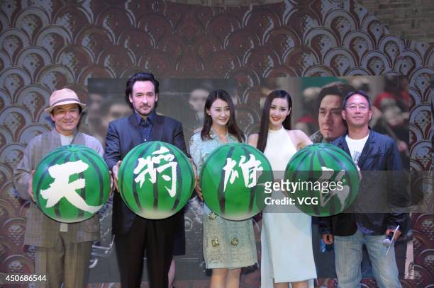 Actor Jackie Chan, actor John Cusack, actress Lin Peng and actress Wang Ruoxin attend the "Dragon Blade" press conference at the 17th Shanghai...