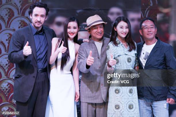 Actor John Cusack, actress Wang Ruoxin, actor Jackie Chan and actress Lin Peng attend the "Dragon Blade" press conference at the 17th Shanghai...