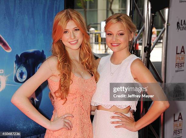 Actresses Katherine McNamara and Olivia Holt attend the premiere of 'Earth to Echo' during the 2014 Los Angeles Film Festival at Regal Cinemas L.A....