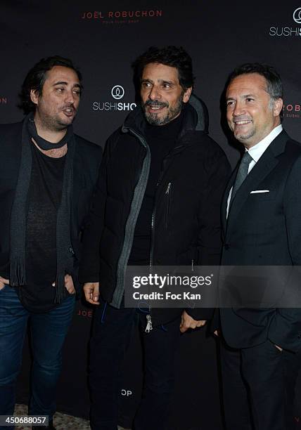 Herve Louis from Sushi Shop, Pascal Elbe and Gregory Marciano from Sushi Shop attend the Sushi Shop Launches New Menu By Joel Robuchon-Photo Call At...