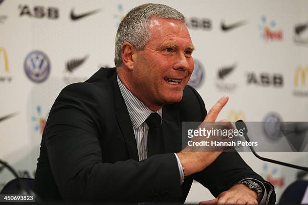 Coach Ricki Herbert of New Zealand speaks to the media for the final time after losing leg 2 of the FIFA World Cup Qualifier match between the New...