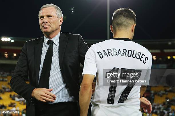 Coach Ricki Herbert of New Zealand thanks Kosta Barbarouses of New Zealand after losing leg 2 of the FIFA World Cup Qualifier match between the New...