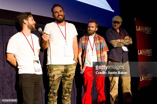 Filmmakers Devon Gibbs, Tomas Whitmore, Brandon Ray and Pat Kondelis speak onstage at Eclectic Mix 1 during the 2014 Los Angeles Film Festival at...