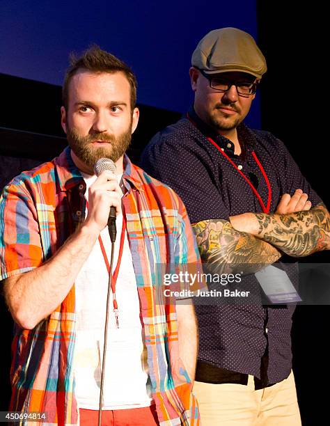Filmmakers Brandon Ray and Pat Kondelis speak onstage at Eclectic Mix 1 during the 2014 Los Angeles Film Festival at Regal Cinemas L.A. Live on June...