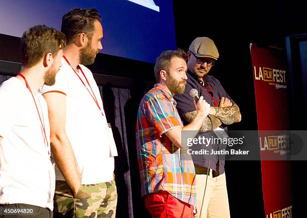 Filmmakers Devon Gibbs, Tomas Whitmore, Brandon Ray and Pat Kondelis speak onstage at Eclectic Mix 1 during the 2014 Los Angeles Film Festival at...