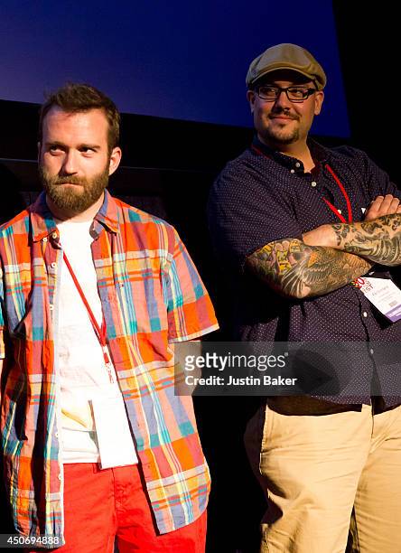 Filmmakers Brandon Ray and Pat Kondelis speak onstage at Eclectic Mix 1 during the 2014 Los Angeles Film Festival at Regal Cinemas L.A. Live on June...