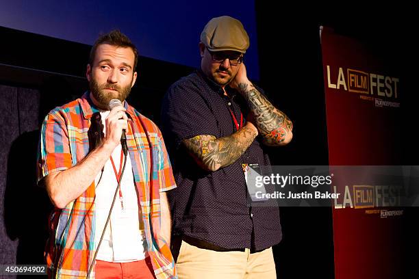 Filmmakers Brandon Ray and Pat Kondelis speak onstage at Eclectic Mix 1 during the 2014 Los Angeles Film Festival at Regal Cinemas L.A. Live on June...