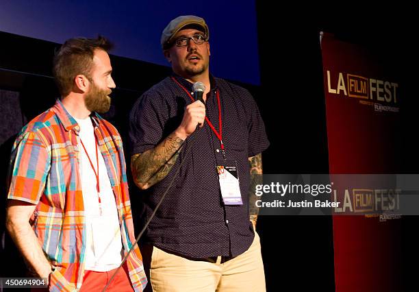 Filmmakers Brandon Ray and Pat Kondelis speak onstage at Eclectic Mix 1 during the 2014 Los Angeles Film Festival at Regal Cinemas L.A. Live on June...