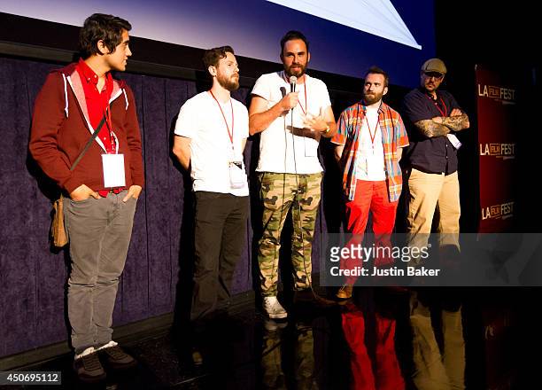 Filmmakers Carlos Lopez Estrada, Devon Gibbs, Tomas Whitmore, Brandon Ray and Pat Kondelis speak onstage at Eclectic Mix 1 during the 2014 Los...