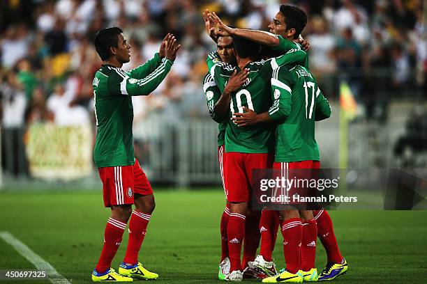 Carlos Pena of Mexico celebrates after scoring with his team during leg 2 of the FIFA World Cup Qualifier match between the New Zealand All Whites...