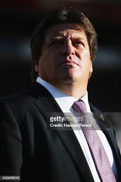 Coach Miguel Herrera of Mexico looks on during leg 2 of the FIFA World Cup Qualifier match between the New Zealand All Whites and Mexico at Westpac...