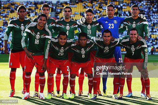 Mexico line up prior to leg 2 of the FIFA World Cup Qualifier match between the New Zealand All Whites and Mexico at Westpac Stadium on November 20,...
