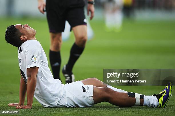 Bill Tuiloma of New Zealand lies down injured during leg 2 of the FIFA World Cup Qualifier match between the New Zealand All Whites and Mexico at...