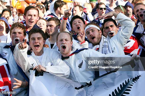 New Zealand fans show their support during leg 2 of the FIFA World Cup Qualifier match between the New Zealand All Whites and Mexico at Westpac...