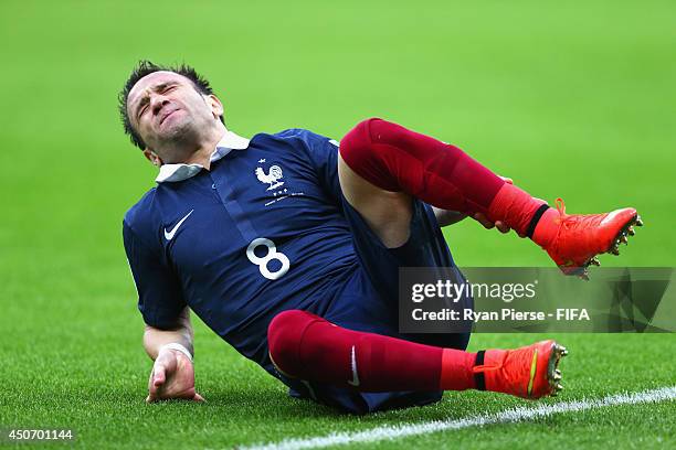 Mathieu Valbuena of France reacts during the 2014 FIFA World Cup Brazil Group E match between France and Honduras at Estadio Beira-Rio on June 15,...
