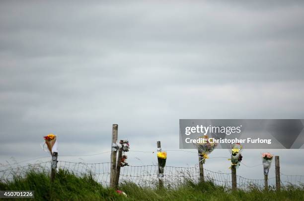 Floral tributes overlook Saddleworth Moor where the body of missing Keith Bennett may be buried on June 16, 2014 in Saddleworth, United Kingdom....