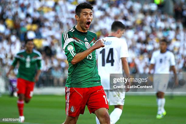 Oribe Peralta of Mexico reacts after scoring the opening goal during leg 2 of the FIFA World Cup Qualifier match between the New Zealand All Whites...