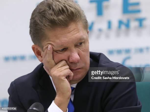 Gazprom's CEO Alexei Miller attends a joint press conference with Russian Energy Minister Alexander Novak about the delivery of Russian gas to...