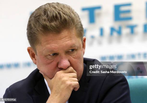 Gazprom's CEO Alexei Miller attends a joint press conference with Russian Energy Minister Alexander Novak about the delivery of Russian gas to...