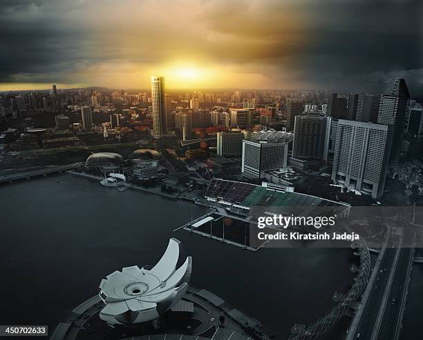 cinematic aerial view of singapore - cinematic sunrise stock pictures, royalty-free photos & images