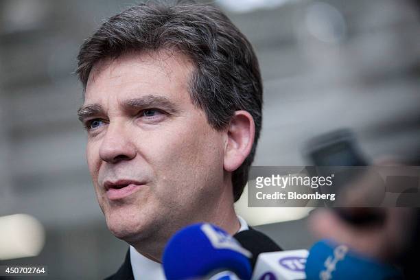 Arnaud Montebourg, France's economy minister, speaks to journalists during a tour of the Airbus Group NV factory in Toulouse, France, on Monday, June...