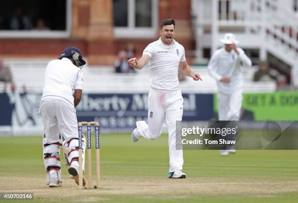 James Anderson of England celebrates taking the wicket of Mahela Jayawardene of Sri Lanka during day five of 1st Investec Test match between England...