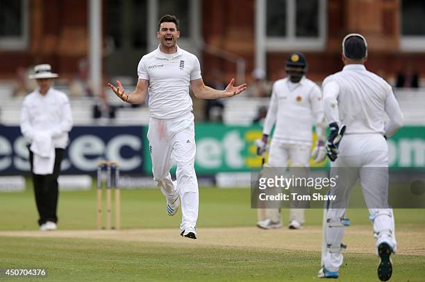 James Anderson of England celebrates taking the wicket of Lahiru Thirimanne of Sri Lanka during day five of 1st Investec Test match between England...
