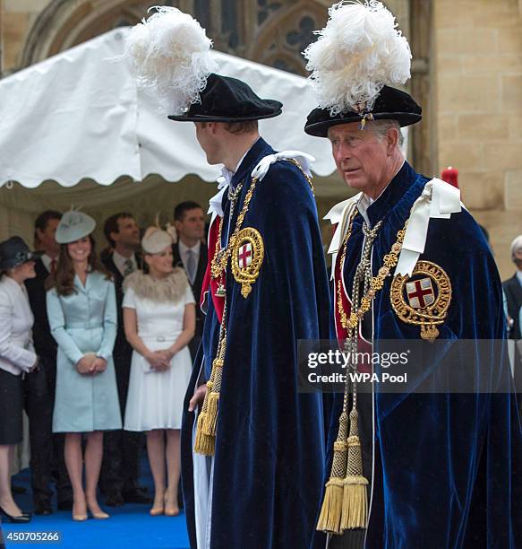 Catherine, Duchess of Cambridge and Sophie, Countess of Wessex watch as Prince William, Duke of Cambridge and Prince Charles, Prince of Wales arrive...