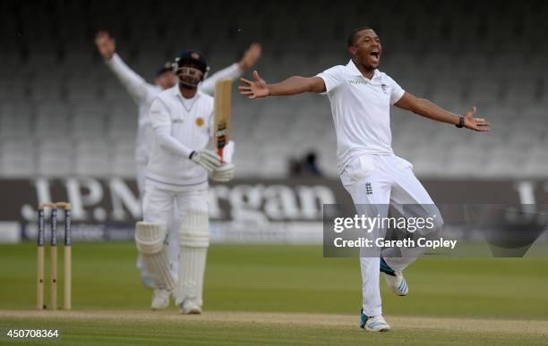 Chris Jordan of England successfully appeals for the wicket of Prasanna Jayawardene of Sri Lanka during day five of 1st Investec Test match between...