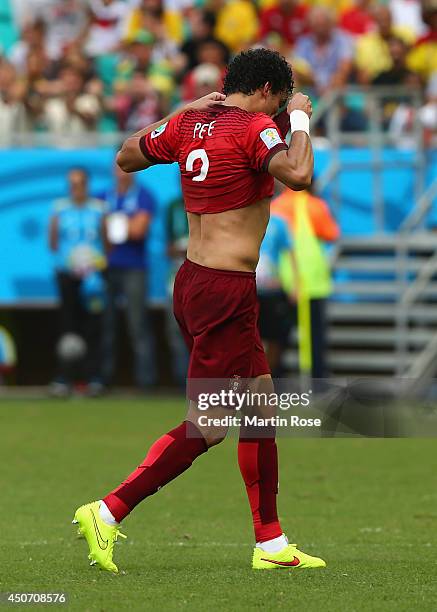 Pepe walks off the field after receiving a red card during the 2014 FIFA World Cup Brazil Group G match between Germany and Portugal at Arena Fonte...