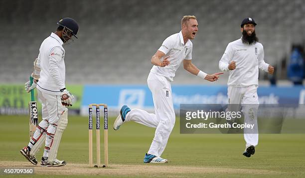 Stuart Broad of England celebrates dismissing Nuwan Kulasekara of Sri Lanka during day five of 1st Investec Test match between England and Sri Lanka...
