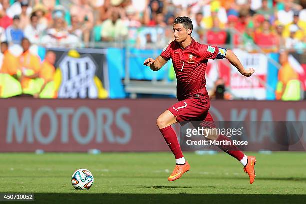 Cristiano Ronaldo of Portugal controls the ball during the 2014 FIFA World Cup Brazil Group G match between Germany and Portugal at Arena Fonte Nova...