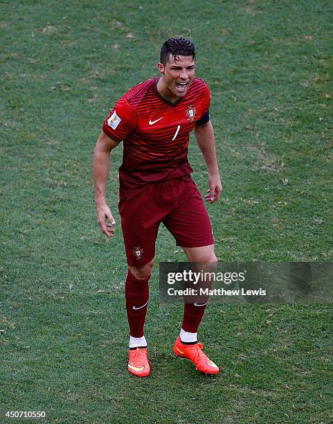 Cristiano Ronaldo of Portugal reacts during the 2014 FIFA World Cup Brazil Group G match between Germany and Portugal at Arena Fonte Nova on June 16,...