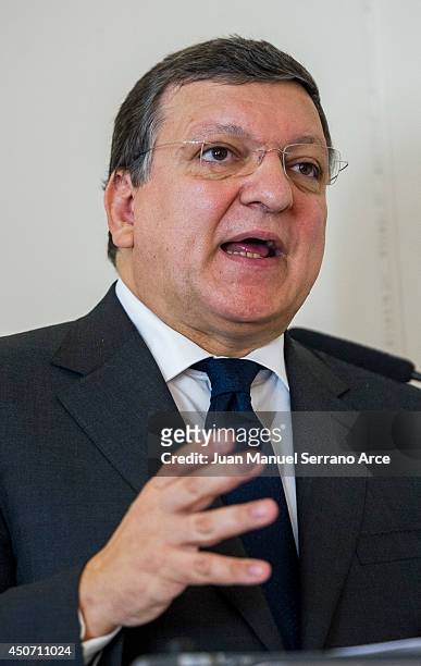 President of the European Commission Jose Manuel Durao Barroso speaks at a press conference at the International Menendez Pelayo University on June...
