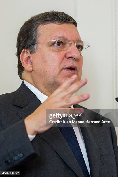 President of the European Commission Jose Manuel Durao Barroso speaks at a press conference at the International Menendez Pelayo University on June...