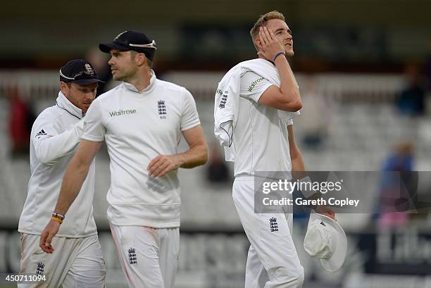 Ian Bell, James Anderson and Stuart Broad of England leaves the field after drawing 1st Investec Test match between England and Sri Lanka at Lord's...