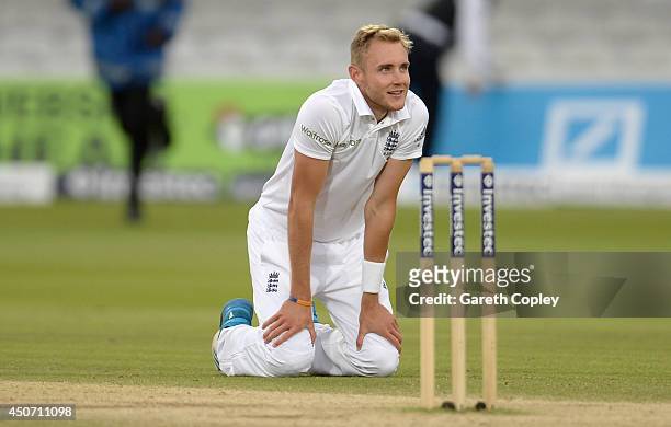 Stuart Broad of England reacts after bowling the final ball of the match to Nuwan Pradeep of Sri Lanka during day five of 1st Investec Test match...