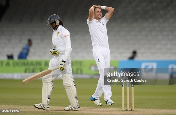 Stuart Broad of England reacts after bowling to Nuwan Pradeep of Sri Lanka during day five of 1st Investec Test match between England and Sri Lanka...