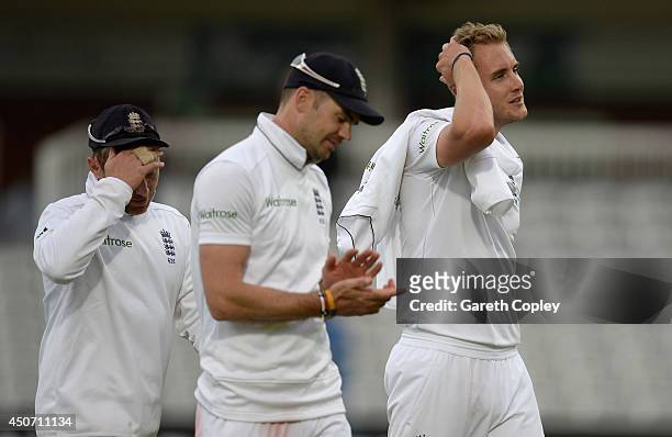 Ian Bell, James Anderson and Stuart Broad of England leaves the field after drawing 1st Investec Test match between England and Sri Lanka at Lord's...