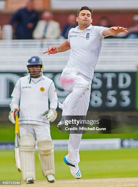 James Anderson of England celebrates taking a wicket during the Investec 1st Test Match day five between England and Sri Lanka at Lords Cricket...