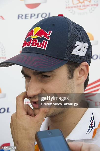 Dani Pedrosa of Spain and Repsol Honda Team speaks with journalists at the end of the MotoGp Tests In Montmelo at Circuit de Catalunya on June 16,...