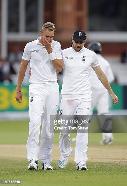 Stuart Broad and James Anderson of England have a chat during day five of 1st Investec Test match between England and Sri Lanka at Lord's Cricket...