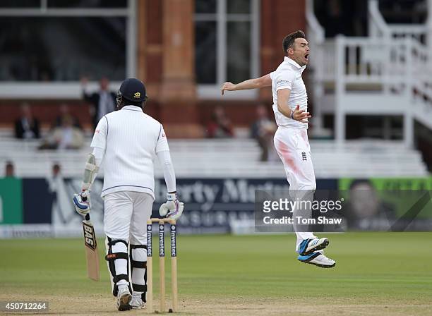James Anderson of England celebrates taking the wicket of Angelo Mathews of Sri Lanka during day five of 1st Investec Test match between England and...