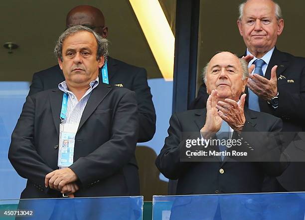 President Michel Platini and FIFA President Joseph Blatter look on during the 2014 FIFA World Cup Brazil Group G match between Germany and Portugal...