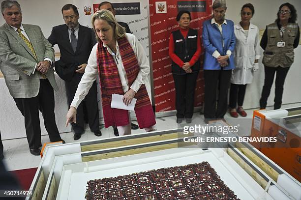 Archaeological textile pieces repatriated from Gothenburg, Sweden are displayed at the Antropology Museum in Lima on June 16, 2014. The Peruvian...