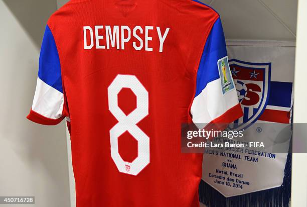 The shirt worn by Clint Dempsey of USA hangs in the dressing room prior to the 2014 FIFA World Cup Brazil Group G match between Ghana and USA at...